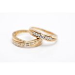 TWO 9CT GOLD DIAMOND RINGS, the first designed with a row of seven round brilliant cut diamonds,