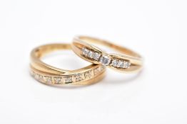 TWO 9CT GOLD DIAMOND RINGS, the first designed with a row of seven round brilliant cut diamonds,