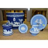 THREE PIECES OF WEDGWOOD PALE BLUE JASPERWARE AND TWO PIECES OF ADAMS DARK BLUE JASPERWARE STYLE,