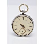 A SILVER OPEN FACED POCKET WATCH, AF, cream dial, Roman numerals, seconds subsidiary dial at the six