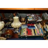FOUR BOXES AND LOOSE SUNDRY ITEMS etc,to include a Baduf domed topped striking mantle clock, a