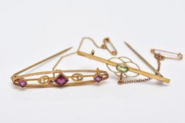 TWO EARLY 20TH CENTURY BAR BROOCHES, a 9ct gold amethyst garnet and seed pearl brooch, hallmarked