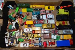 A QUANTITY OF UNBOXED AND ASSORTED PLAYWORN DIECAST VEHICLES AND PLASTIC figures, to include