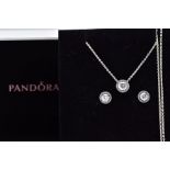 A PANDORA NECKLACE AND EARRING GIFT SET, the necklace designed with a cubic zirconia halo set