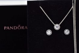 A PANDORA NECKLACE AND EARRING GIFT SET, the necklace designed with a cubic zirconia halo set