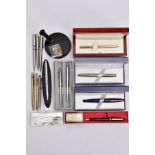 A BOX OF ASSORTED FOUNTAIN, BALL POINT AND PROPELLING PENCILS, to include a blue and black