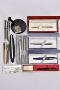 A BOX OF ASSORTED FOUNTAIN, BALL POINT AND PROPELLING PENCILS, to include a blue and black