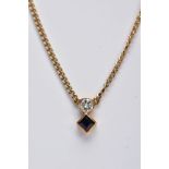 A DIAMOND AND SAPPHIRE TWO STONE NECKLET, a modern round brilliant cut diamond, estimated weight 0.