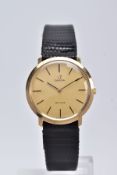 A 9CT GOLD OMEGA DE VILLE WRISTWATCH, hand wound movement, round gold dial signed 'Omega De