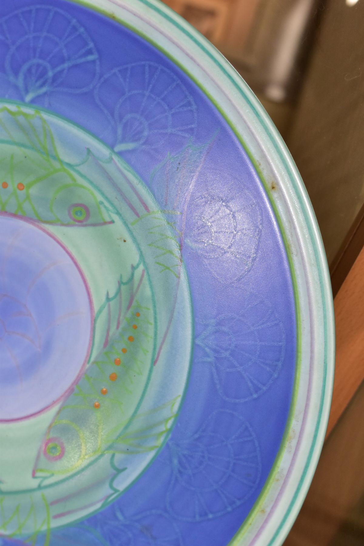 A POOLE STUDIO SALLY TUFFIN FISH PEDESTAL BOWL, hand painted with bands of blue and green with - Image 4 of 5