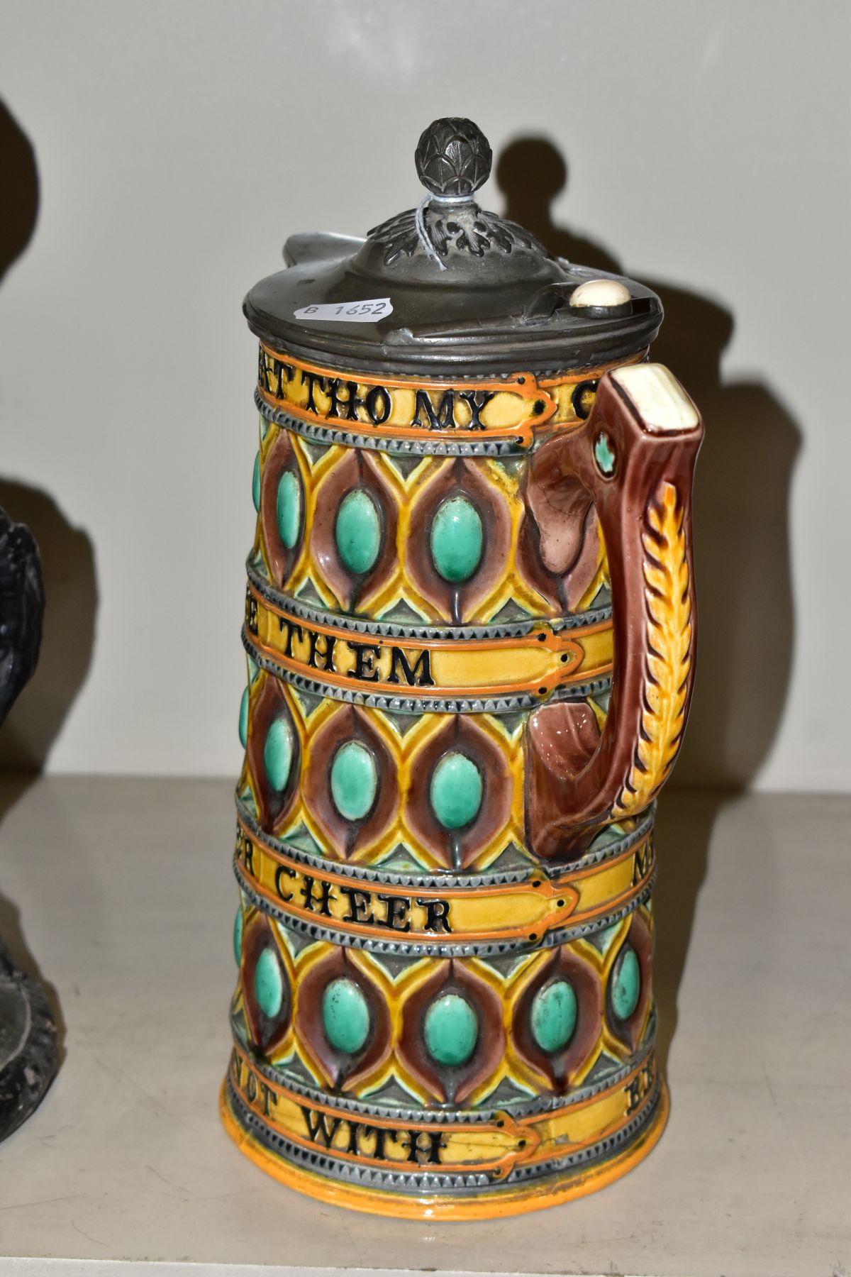 A WEDGWOOD MAJOLICA BEER JUG, having pewter cover 'WHAT THOU MY GATES BE POOR TAKE THEM IN GOOD PART - Image 11 of 12