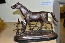 AFTER PIERRE JULES MENE 'A LA BARRIERE' a bronze sculpture of a horse beside a fence, bears a