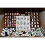 A BOX OF COLLECTORS THIMBLES AND TWO DISPLAY CASES, topics include: Royal Commemorative, Holiday