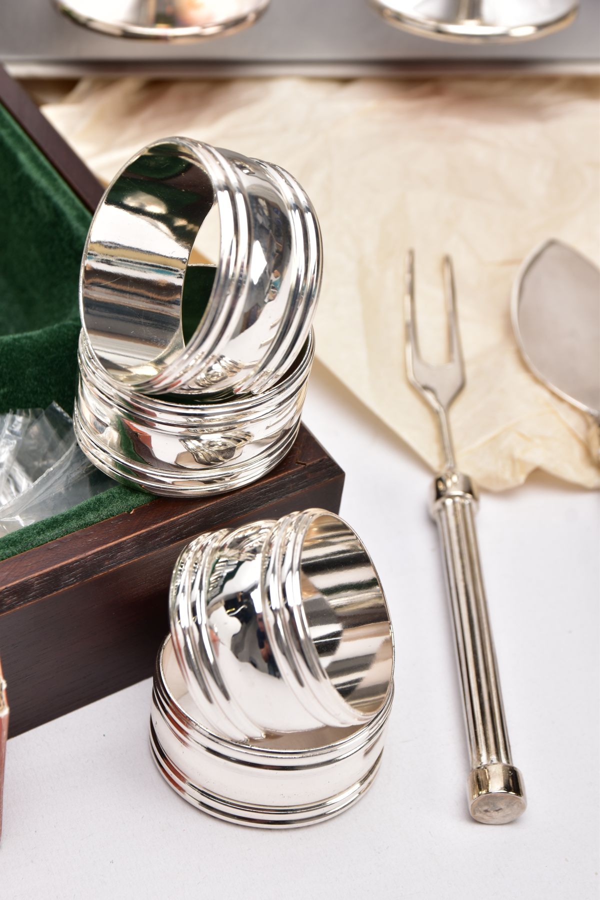 A COMPLETE CANTEEN OF CUTLERY, TWO GOBLETS, SIX NAPKIN RINGS AND A THREE PIECE CUTLERY SET, the - Image 4 of 4