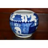 A CHINESE BLUE AND WHITE STORAGE JAR, decorated with figures in an arched doorway to a palace or