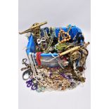 A BOX OF ASSORTED COSTUME JEWELLERY, to include a large quantity of beaded, yellow and white metal