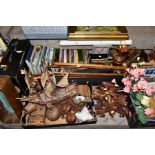 FIVE BOXES AND LOOSE OF MISCELLANEOUS ITEMS, including treen, pictures, books, metalware, clocks,