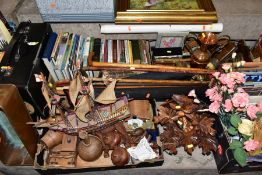 FIVE BOXES AND LOOSE OF MISCELLANEOUS ITEMS, including treen, pictures, books, metalware, clocks,