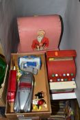A SMALL QUANTITY OF VINTAGE AND MODERN TOYS, comprising a Codeg cash register, a Vulcan child's