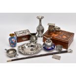 A BOX OF SILVER PLATE, COLLECTABLES AND OTHER METALWARES, including a small Indian white metal