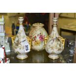 A SMALL COLLECTION OF ROYAL WORCESTER PORCELAIN, comprising a pair of blush ivory conical twin