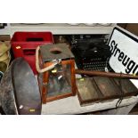 A GROUP OF COLLECTABLES, including a Royal typerwriter, a set of three Hovis bread tins in a metal