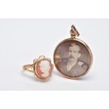 A 9CT GOLD CAMEO RING AND A DOUBLE SIDED PHOTOGRAPH, of an oval form, depicting a lady in profile,