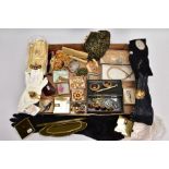 A BOX OF ASSORTED COSTUME JEWELLERY, EVENING GLOVES, AND OTHER ITEMS, to include imitation pearl