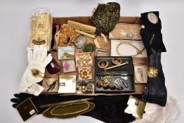 A BOX OF ASSORTED COSTUME JEWELLERY, EVENING GLOVES, AND OTHER ITEMS, to include imitation pearl