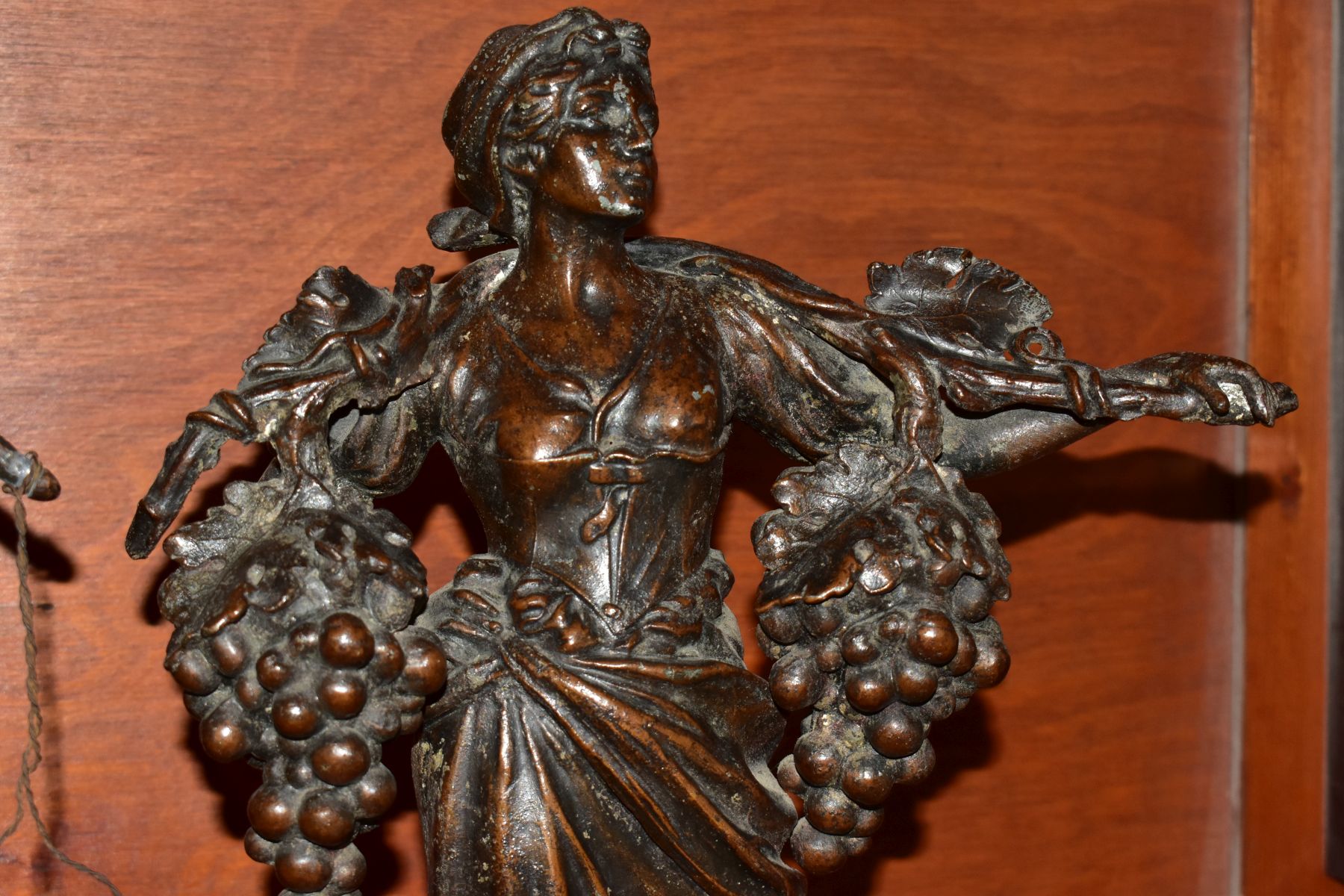 A PAIR OF BRONZED SPELTER FIGURES, the first depicts a female carrying grapes and vine titled - Image 4 of 8
