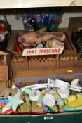 A WOODEN FORT CHEYENNE, playworn condition but appears largely complete, a B.N.D. plastic doll, with
