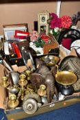 TWO BOXES AND A BASKET OF METALWARE, SUNDRIES, PICTURE FRAMES, ETC, to include various clocks (two