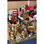 TWO BOXES AND A BASKET OF METALWARE, SUNDRIES, PICTURE FRAMES, ETC, to include various clocks (two