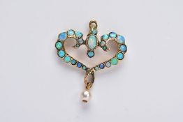 AN OPAL PENDANT, of an openwork heart form, set with oval and circular cut cabochon opals,