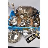 A BOX CONTAINING A QUANTITY OF SILVER PLATED ITEMS, to include coffee pots, a large tray, a cocktail