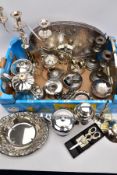 A BOX CONTAINING A QUANTITY OF SILVER PLATED ITEMS, to include coffee pots, a large tray, a cocktail