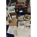 TWO BOXES OF FRAMED PRINTS, FOLDED MAPS, etc, including three Bartholomew's Revised Half - Inch maps