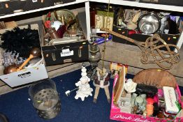 FOUR BOXES AND LOOSE METALWARE, HOUSEHOLD SUNDRIES, OIL LAMP, etc, to include board games, book