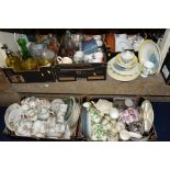 SEVEN BOXES OF TEA/DINNER WARES, GLASSWARES etc, to include a Portmeirion (seconds) part dinner