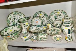 A COLLECTION OF MASONS IRONSTONE 'CHARTREUSE' PATTERN PLATES, JUGS, BOWLS, GINGER JARS, etc,