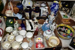 TWO BOXES AND LOOSE ORNAMENTS, VASES, ROYAL COMMEMORATIVES etc, to include Cauldon Ware Prunus