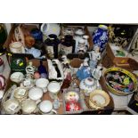 TWO BOXES AND LOOSE ORNAMENTS, VASES, ROYAL COMMEMORATIVES etc, to include Cauldon Ware Prunus