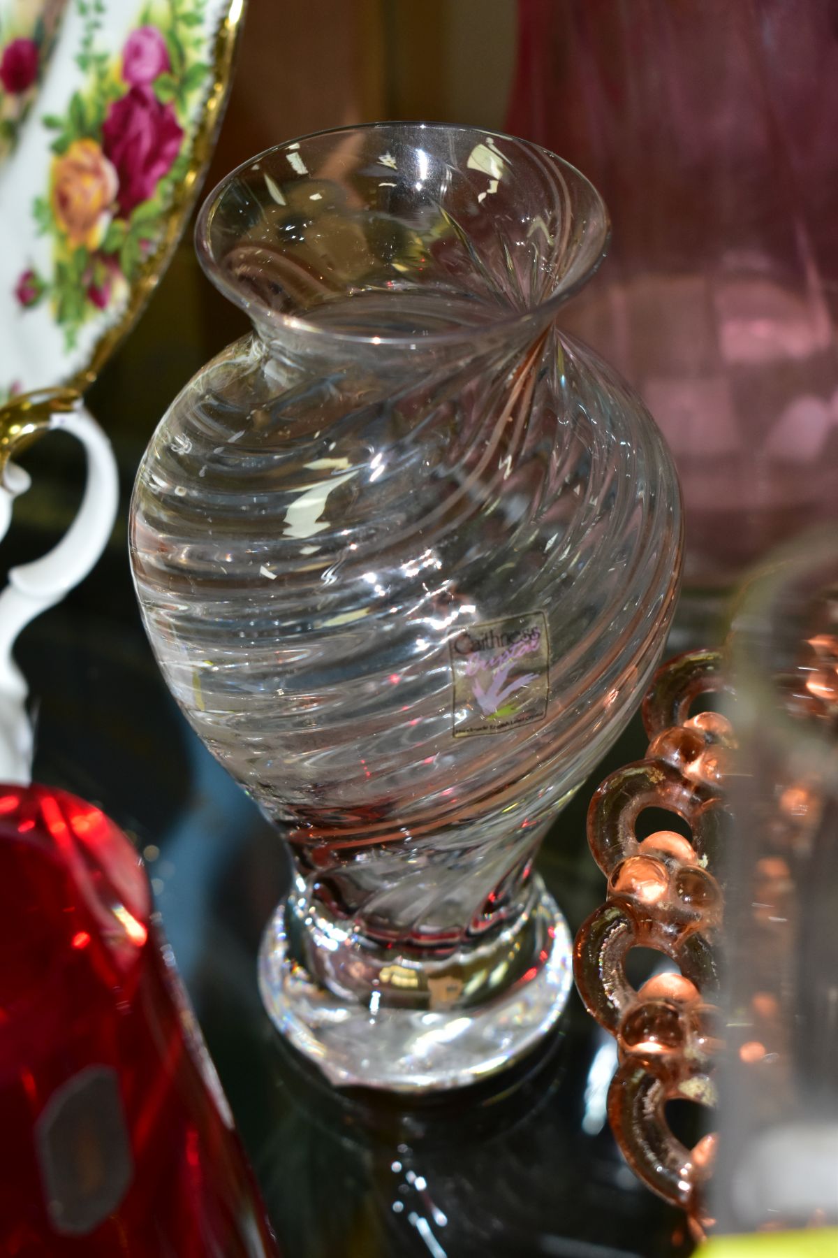 TEN PIECES OF COLOURED GLASSWARE including a blue glass vase of triform shape, with bubble - Image 6 of 10