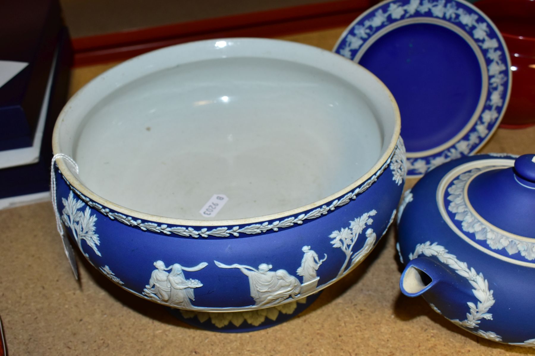 THREE PIECES OF WEDGWOOD BLUE JASPERWARE, comprising a pedestal fruit bowl, the applied decoration - Image 8 of 9