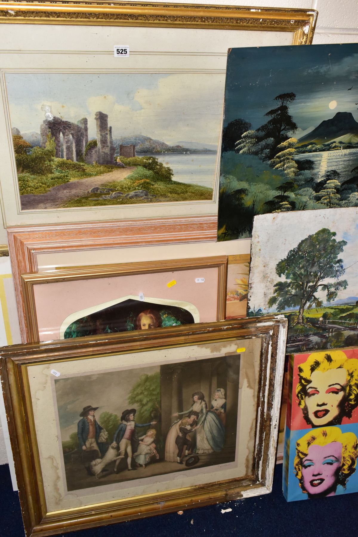 PAINTINGS AND PRINTS etc to include A Coleman watercolour of a figure seated before a ruined