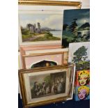 PAINTINGS AND PRINTS etc to include A Coleman watercolour of a figure seated before a ruined