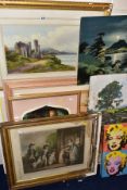 PAINTINGS AND PRINTS etc to include A Coleman watercolour of a figure seated before a ruined