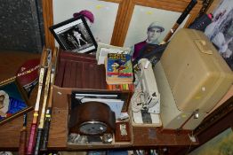 A QUANTITY OF BOOKS, PRINTS, SEWING MACHINES, WOODEN TENNIS RACQUETS, etc, including a 1931 Mickey