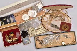 A BOX OF ASSORTED ITEMS, to include a mid-19th Century silver brooch in the form of an anchor and