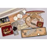 A BOX OF ASSORTED ITEMS, to include a mid-19th Century silver brooch in the form of an anchor and